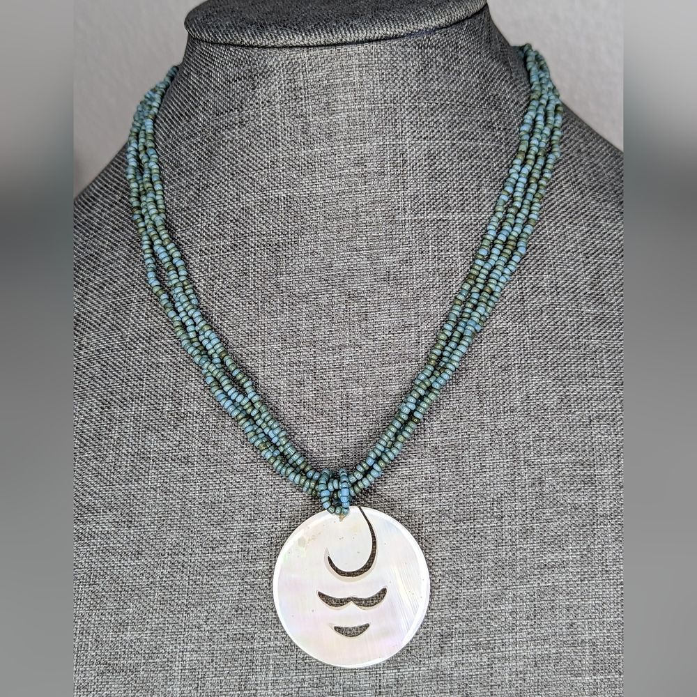 Turquoise Green Seed Bead Necklace Shell Pendant Multi Strand Boho Coastal